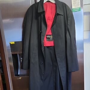 Distinguished London Fog Black Trench Coat with Red Lining